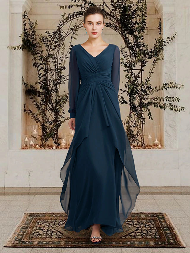 A-Linien-Kleid für die Brautmutter in Übergröße, elegant, V-Ausschnitt, bodenlang, Chiffon, lange Ärmel mit gerafften Rüschen, seitlich drapiert